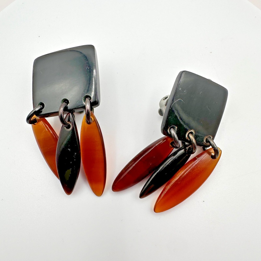Vintage 80s Geometric Dangle Earrings Black & Amber Resin Retro Jewelry